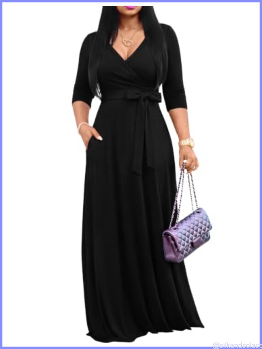 Women's Bohemian Maxi Dress V-Neck 3/4 Sleeve with Pockets